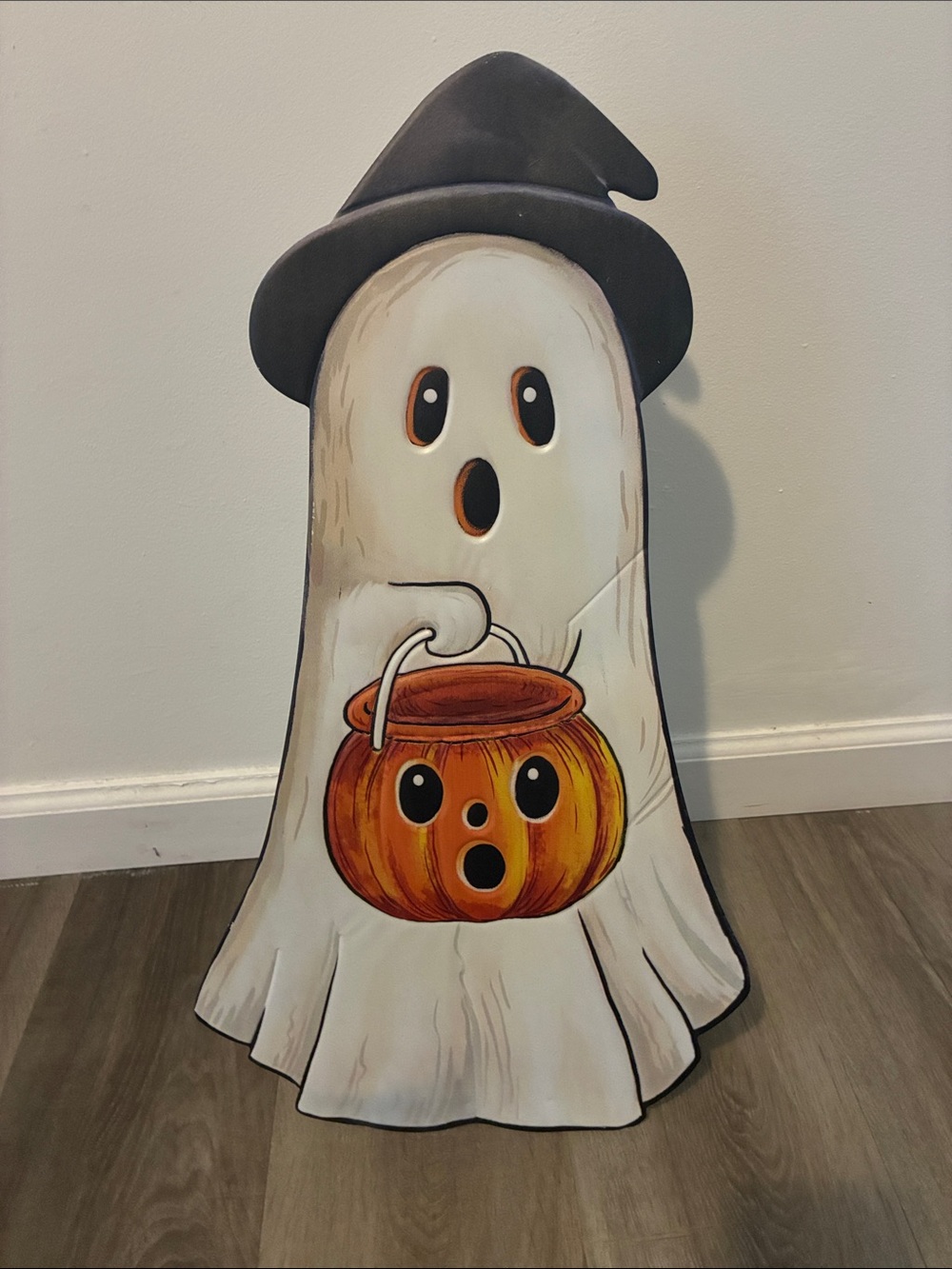 NWT- 23โ White Ghost Witch w/ Orange Pumpkin Pail- Metal Easel Stand Porch Sign